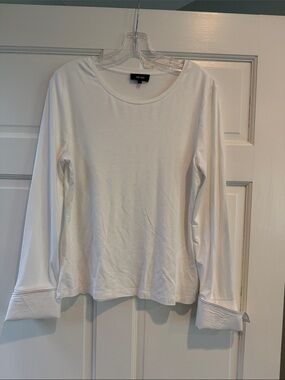 ME+EM White Long Sleeve Crewneck Top with Cuffed Sleeves